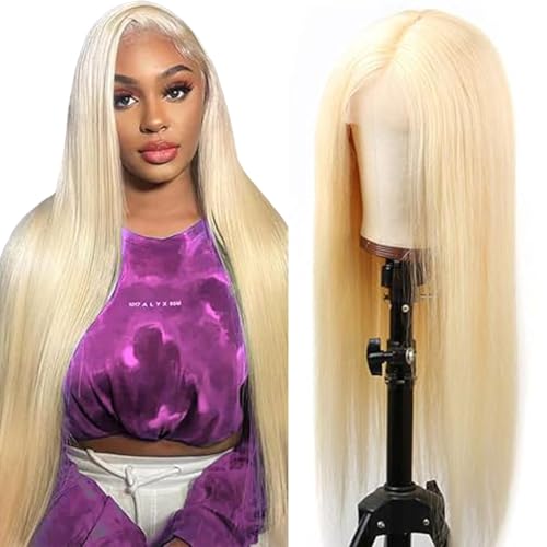 Tuheerst Straight Human Hair Wig Echthaar Perücke Damen Blonde #613 4X4 Lace Brasilianisches Echthaar Glueless Wear and Go Pre Bleached Knots with Baby Hair for Woman 32 Zoll von Tuheerst