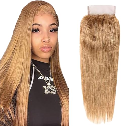 Tuheerst Straight Human Hair Closure 4X4 Lace Closure Menschliches Haar Blonde Remy Hair Pre Bleached Knots with Baby Hair Free Part for Woman 14 Inch von Tuheerst