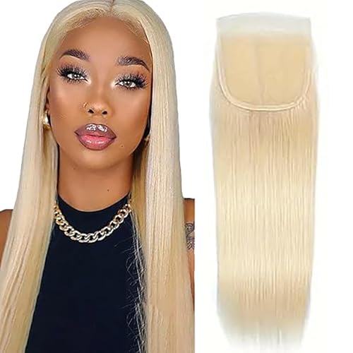 Tuheerst Straight Human Hair Closure 4X4 Lace Closure Menschliches Haar #613 Blonde Remy Hair Pre Bleached Knots with Baby Hair Free Part for Woman 14 Inch von Tuheerst
