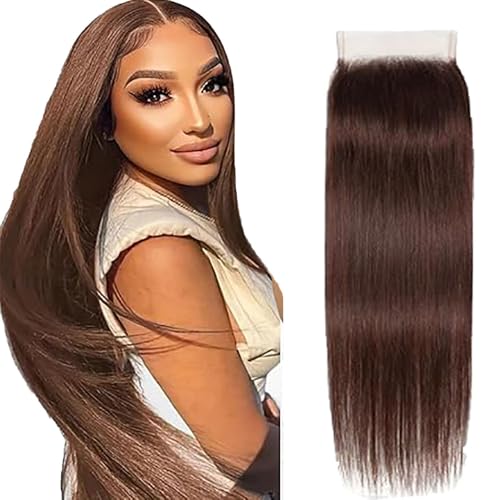 Tuheerst Straight Human Hair Closure 4X4 Lace Closure Menschliches Haar #4 Chocolate Brown Remy Hair Pre Bleached Knots with Baby Hair Free Part for Woman 14 Inch von Tuheerst