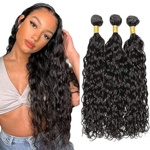 Tuheerst Water Wave Human Hair Bundles 1B Natural Black Menschliches Haar Human Hair Extensions Unprocessed Echthaar Tressen Double Weft Remy Hair for Woman 3 Bundle Total 300g 16 16 16 Zoll von Tuheerst