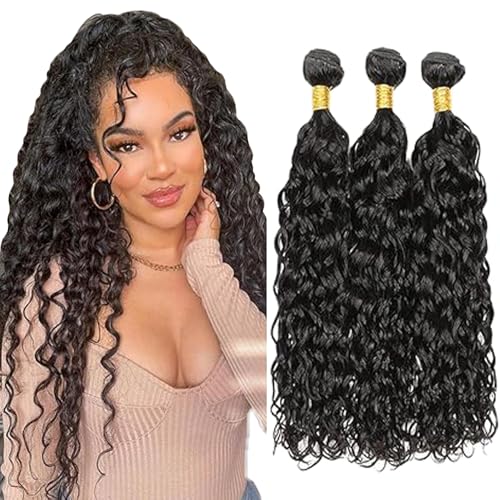 Tuheerst Water Wave Human Hair Bundles 1B Natural Black Menschliches Haar Human Hair Extensions Unprocessed Echthaar Tressen Double Weft Remy Hair for Woman 3 Bundle Total 300g 22 22 22 Zoll von Tuheerst