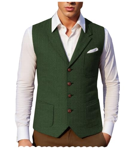 Herren-Anzugweste im Retro-Stil, Tweedwolle, normale Passform, Fischgrätenmuster für Jacke, Grün , Medium Herren-Anzugweste im Retro-Stil, Tweedwolle, normale Passform, Fischgrätenmuster für Jacke, Grün , Medium von Tuikayoo