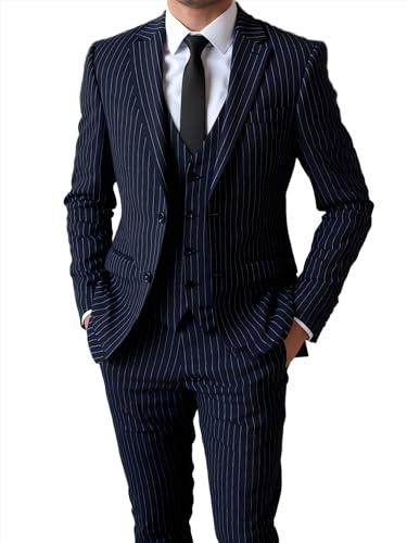 Herren Nadelstreifen 3 Stück Anzug Slim Fit Elegant Einreihig Business Hochzeit Party Blazer Weste & Hose Set（Marine,3XL） von Tuikayoo