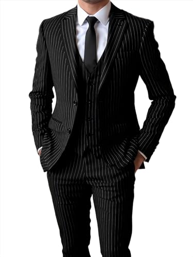 Herren Nadelstreifen 3 Stück Anzug Slim Fit Elegant Einreihig Business Hochzeit Party Blazer Weste & Hose Set（Schwarz,4XL） von Tuikayoo