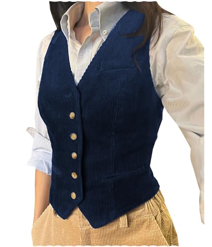 Tuikayoo Damen Cord ärmellos Button Down Top V Hals Oberbekleidung Weste Slim Fit （Marine，XXL） von Tuikayoo