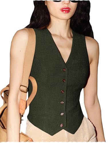 Tuikayoo Damen Herringbone Tweed Weste Slim Fit V-Ausschnitt Dressy Anzug Weste （Armeegrün，XS） von Tuikayoo