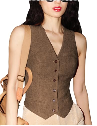 Tuikayoo Damen Herringbone Tweed Weste Slim Fit V-Ausschnitt Dressy Anzug Weste （Braun，S） von Tuikayoo