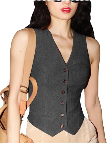 Tuikayoo Damen Herringbone Tweed Weste Slim Fit V-Ausschnitt Dressy Anzug Weste （Grau，XS） von Tuikayoo