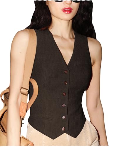 Tuikayoo Damen Herringbone Tweed Weste Slim Fit V-Ausschnitt Dressy Anzug Weste （Kaffee，M） von Tuikayoo