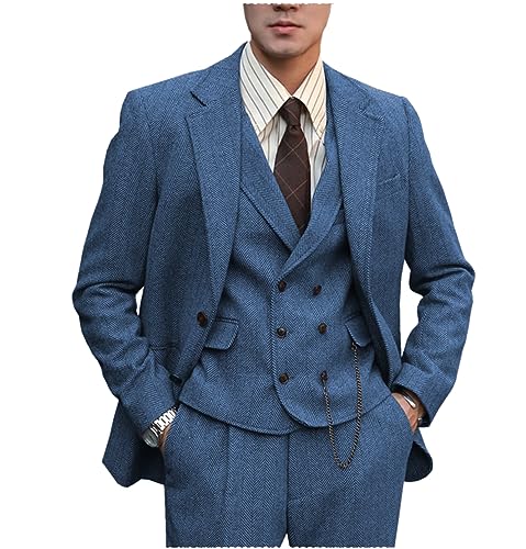 Tuikayoo Herren Anzug Formal Tweed Wolle Fischgrät 3 Stück Hochzeit Slim Fit Anzug Prom Smokings für Trauzeugen（Blau，5XL） von Tuikayoo