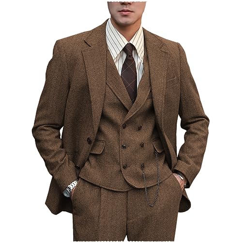 Tuikayoo Herren Anzug Formal Tweed Wolle Fischgrät 3 Stück Hochzeit Slim Fit Anzug Prom Smokings für Trauzeugen（Braun，5XL） von Tuikayoo