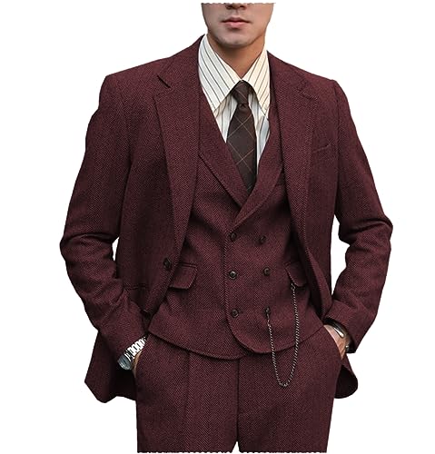 Tuikayoo Herren Anzug Formal Tweed Wolle Fischgrät 3 Stück Hochzeit Slim Fit Anzug Prom Smokings für Trauzeugen（Burgundisch，4XL） von Tuikayoo