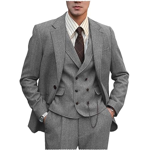 Tuikayoo Herren Anzug Formal Tweed Wolle Fischgrät 3 Stück Hochzeit Slim Fit Anzug Prom Smokings für Trauzeugen（Grau，L） von Tuikayoo