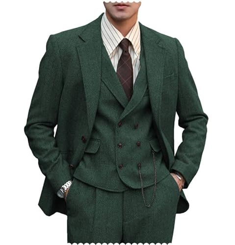 Tuikayoo Herren Anzug Formal Tweed Wolle Fischgrät 3 Stück Hochzeit Slim Fit Anzug Prom Smokings für Trauzeugen（Hunt Grün，5XL） von Tuikayoo