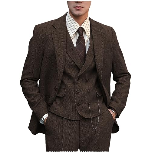 Tuikayoo Herren Anzug Formal Tweed Wolle Fischgrät 3 Stück Hochzeit Slim Fit Anzug Prom Smokings für Trauzeugen（Kaffee，L） von Tuikayoo