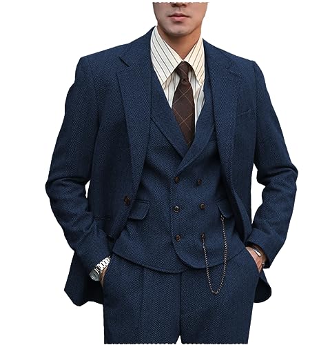 Tuikayoo Herren Anzug Formal Tweed Wolle Fischgrät 3 Stück Hochzeit Slim Fit Anzug Prom Smokings für Trauzeugen（Marine，S） von Tuikayoo