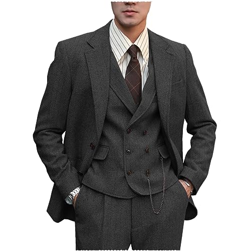 Tuikayoo Herren Anzug Formal Tweed Wolle Fischgrät 3 Stück Hochzeit Slim Fit Anzug Prom Smokings für Trauzeugen（Schwarz，M） von Tuikayoo
