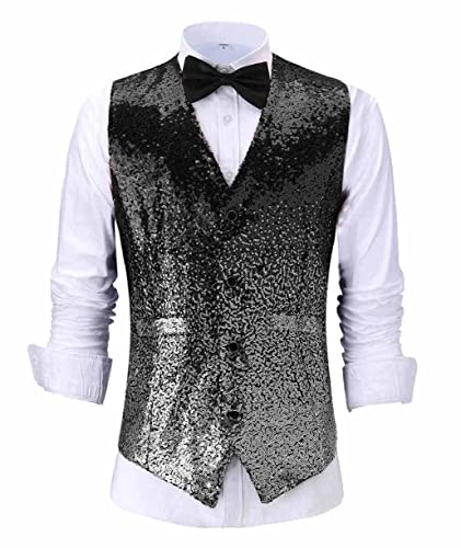 Tuikayoo Herren Anzug Weste Farbverlauf Pailletten Party Mode Weste für Hochzeit Trauzeugen(L, Schwarzes-Silber) von Tuikayoo