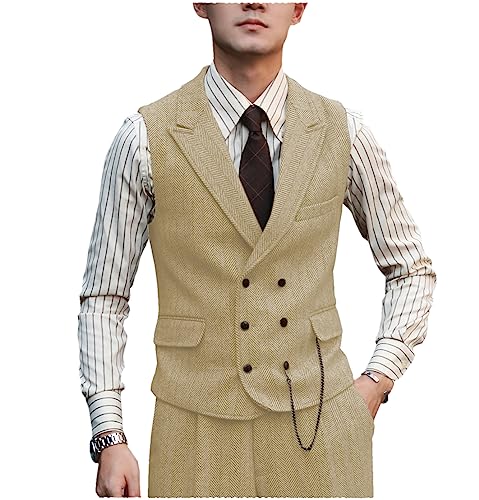 Tuikayoo Herren Classic Double Breasted Wolle Tweed Anzug Weste Vintage ärmellose Weste für Groomsmen（Champagner，XXL） von Tuikayoo