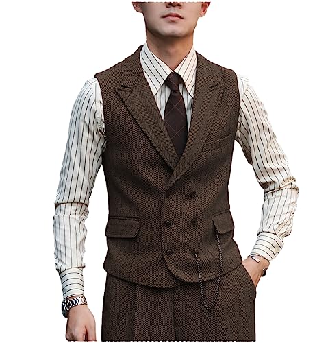 Tuikayoo Herren Classic Double Breasted Wolle Tweed Anzug Weste Vintage ärmellose Weste für Groomsmen（Kaffee，4XL） von Tuikayoo