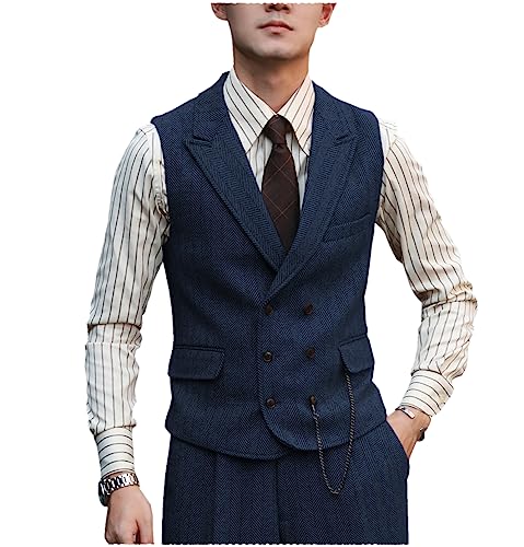 Tuikayoo Herren Classic Double Breasted Wolle Tweed Anzug Weste Vintage ärmellose Weste für Groomsmen（Marine，XS） von Tuikayoo