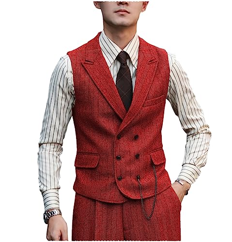 Tuikayoo Herren Classic Double Breasted Wolle Tweed Anzug Weste Vintage ärmellose Weste für Groomsmen（Rot，4XL） von Tuikayoo