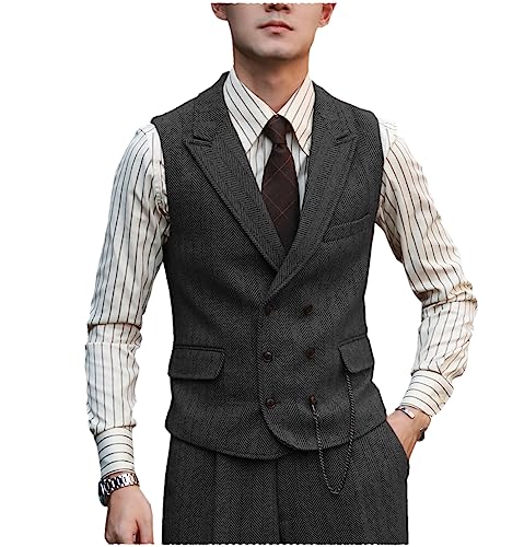 Tuikayoo Herren Classic Double Breasted Wolle Tweed Anzug Weste Vintage ärmellose Weste für Groomsmen（Schwarz，M） von Tuikayoo