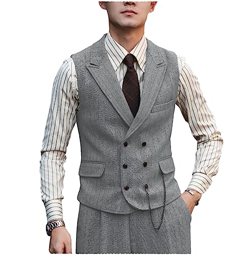 Tuikayoo Herren Classic Double Breasted Wolle Tweed Anzug Weste Vintage ärmellose Weste für Groomsmen（Silber，4XL） von Tuikayoo