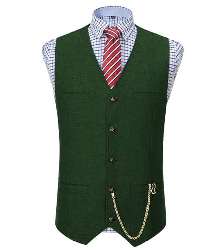 Tuikayoo Herren Classic Herringbone Wolle Tweed Anzug Weste Vintage ärmellose Weste für Groomsmen（Grün，L） von Tuikayoo