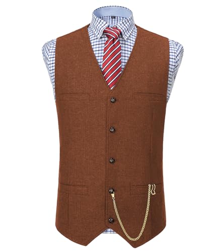 Tuikayoo Herren Classic Herringbone Wolle Tweed Anzug Weste Vintage ärmellose Weste für Groomsmen（Orange，L） von Tuikayoo