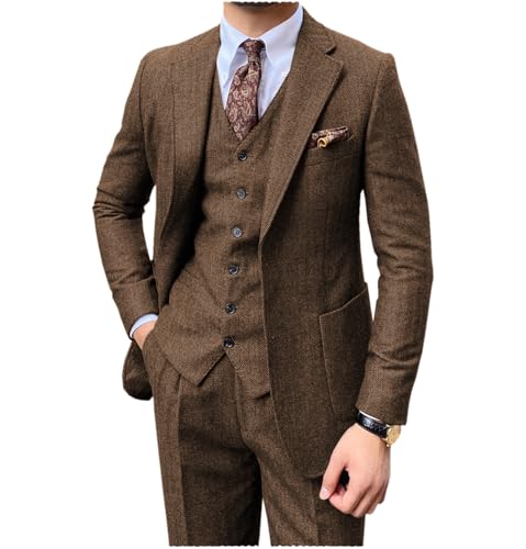 Tuikayoo Herren Fischgräten Tweed 3 Stück Anzüge Smoking Slim Fit Bräutigam Prom Blazer Weste Hose（Braun,M） von Tuikayoo