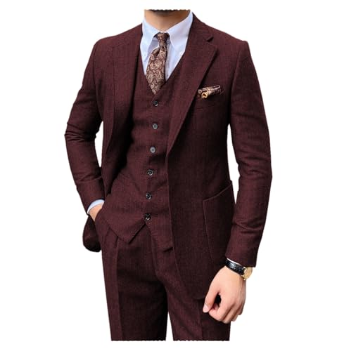 Tuikayoo Herren Fischgräten Tweed 3 Stück Anzüge Smoking Slim Fit Bräutigam Prom Blazer Weste Hose（Burgundisch,5XL） von Tuikayoo