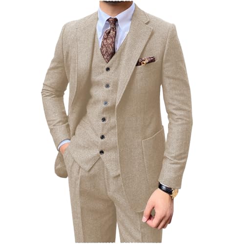 Tuikayoo Herren Fischgräten Tweed 3 Stück Anzüge Smoking Slim Fit Bräutigam Prom Blazer Weste Hose（Champagner,M） von Tuikayoo