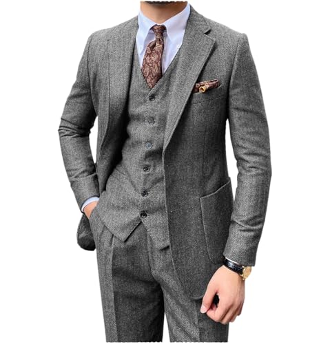 Tuikayoo Herren Fischgräten Tweed 3 Stück Anzüge Smoking Slim Fit Bräutigam Prom Blazer Weste Hose（Grau,M） von Tuikayoo