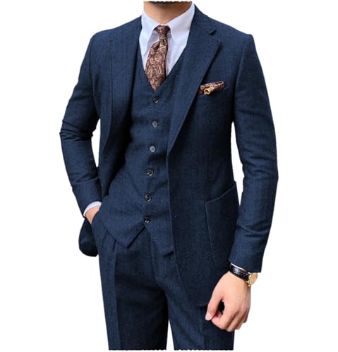 Tuikayoo Herren Fischgräten Tweed 3 Stück Anzüge Smoking Slim Fit Bräutigam Prom Blazer Weste Hose（Marine,5XL） von Tuikayoo