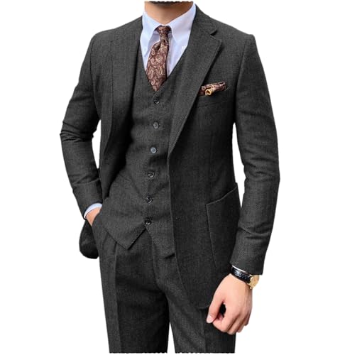 Tuikayoo Herren Fischgräten Tweed 3 Stück Anzüge Smoking Slim Fit Bräutigam Prom Blazer Weste Hose（Schwarz,5XL） von Tuikayoo