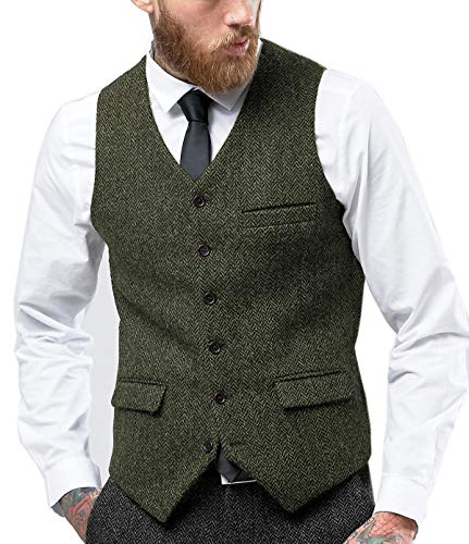 Tuikayoo Herren Fischgräten Tweed Anzug Vintage Weste Wolle schlanke Passform Abschlussball Weste（Armeegrün，XS） von Tuikayoo