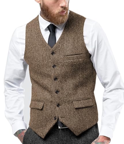 Tuikayoo Herren Fischgräten Tweed Anzug Vintage Weste Wolle schlanke Passform Abschlussball Weste（Braun，S） von Tuikayoo