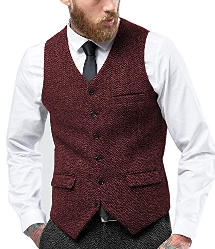 Tuikayoo Herren Fischgräten Tweed Anzug Vintage Weste Wolle schlanke Passform Abschlussball Weste（Burgund，XL） von Tuikayoo