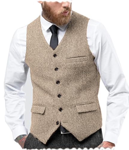 Tuikayoo Herren Fischgräten Tweed Anzug Vintage Weste Wolle schlanke Passform Abschlussball Weste（Champagner，XS） von Tuikayoo