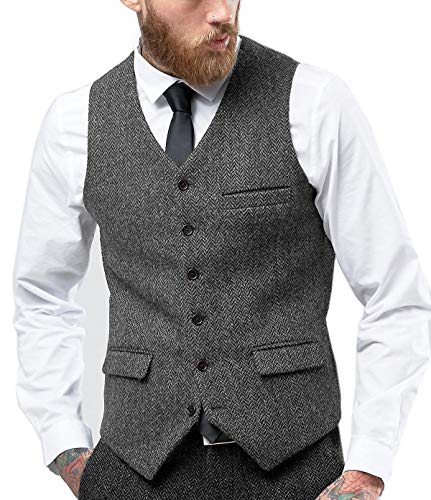 Tuikayoo Herren Fischgräten Tweed Anzug Vintage Weste Wolle schlanke Passform Abschlussball Weste（Grau，S） von Tuikayoo