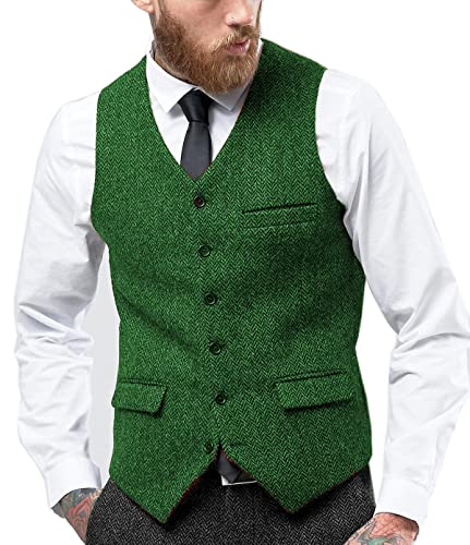 Tuikayoo Herren Fischgräten Tweed Anzug Vintage Weste Wolle schlanke Passform Abschlussball Weste（Grün，L） von Tuikayoo