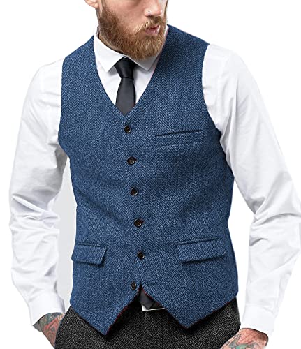 Tuikayoo Herren Fischgräten Tweed Anzug Vintage Weste Wolle schlanke Passform Abschlussball Weste（Hell Blau，4XL） von Tuikayoo