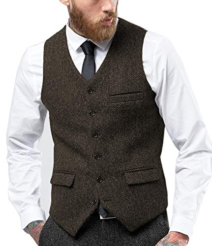Tuikayoo Herren Fischgräten Tweed Anzug Vintage Weste Wolle schlanke Passform Abschlussball Weste（Kaffee，XXL） von Tuikayoo