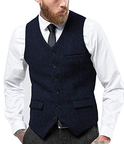 Tuikayoo Herren Fischgräten Tweed Anzug Vintage Weste Wolle schlanke Passform Abschlussball Weste（Marine，XL） von Tuikayoo