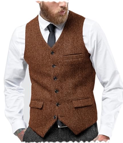 Tuikayoo Herren Fischgräten Tweed Anzug Vintage Weste Wolle schlanke Passform Abschlussball Weste（Orange，XXL） von Tuikayoo