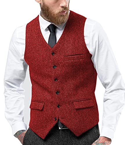 Tuikayoo Herren Fischgräten Tweed Anzug Vintage Weste Wolle schlanke Passform Abschlussball Weste（Rot，4XL） von Tuikayoo