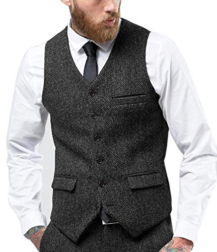 Tuikayoo Herren Fischgräten Tweed Anzug Vintage Weste Wolle schlanke Passform Abschlussball Weste（Schwarz，L） von Tuikayoo