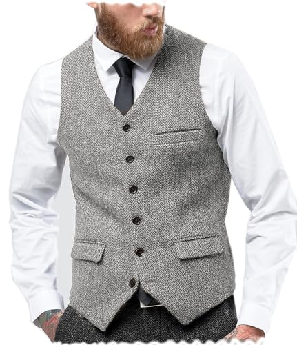 Tuikayoo Herren Fischgräten Tweed Anzug Vintage Weste Wolle schlanke Passform Abschlussball Weste（Silber，4XL） von Tuikayoo